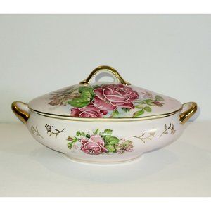 Vintage ornate pink floral oval lidded dish